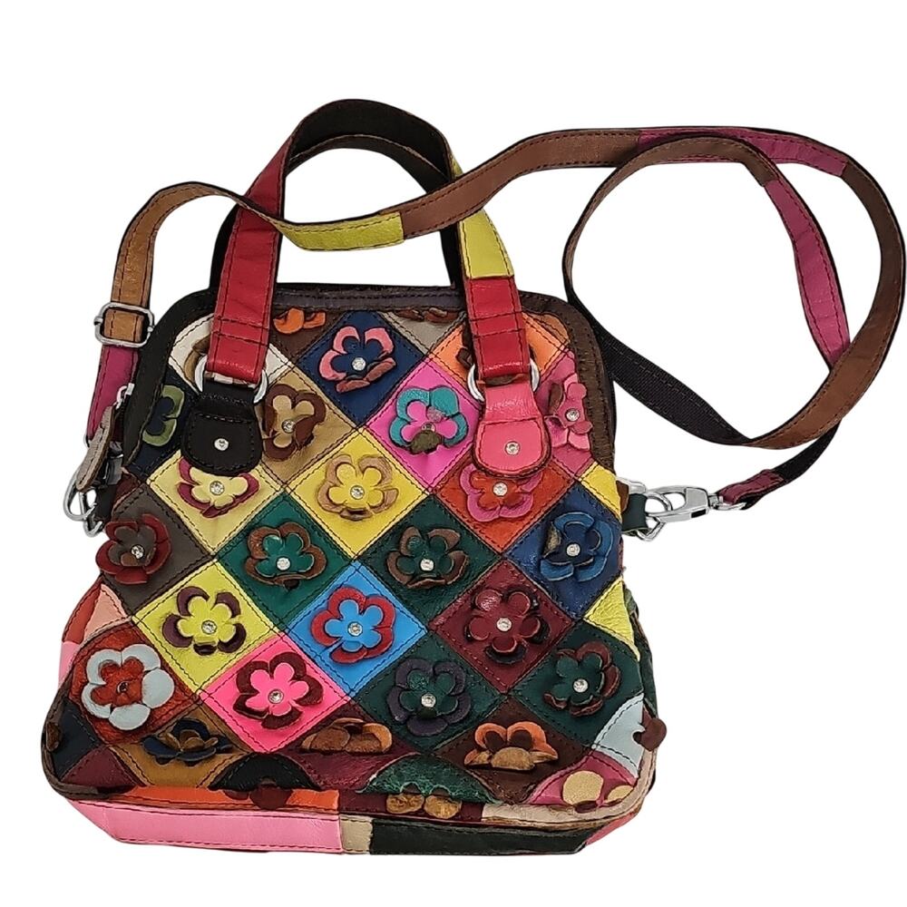 Vintage Leather Multi Color Floral Patchwork Shoulder Bag Arm Bag Fold Over